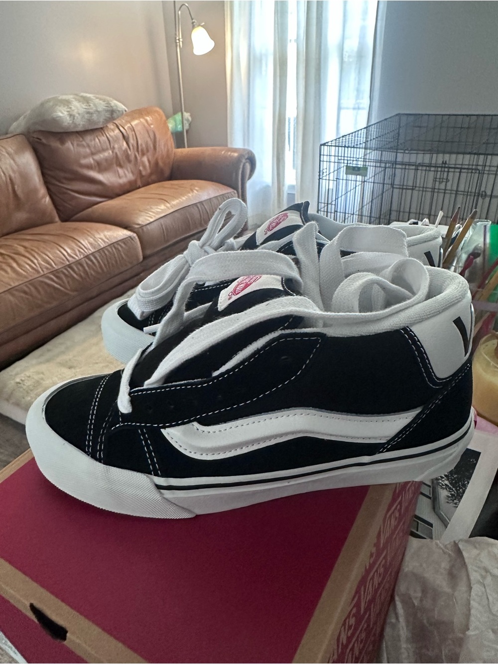 Vans Black and White Knu Mid Skate Shoes 7